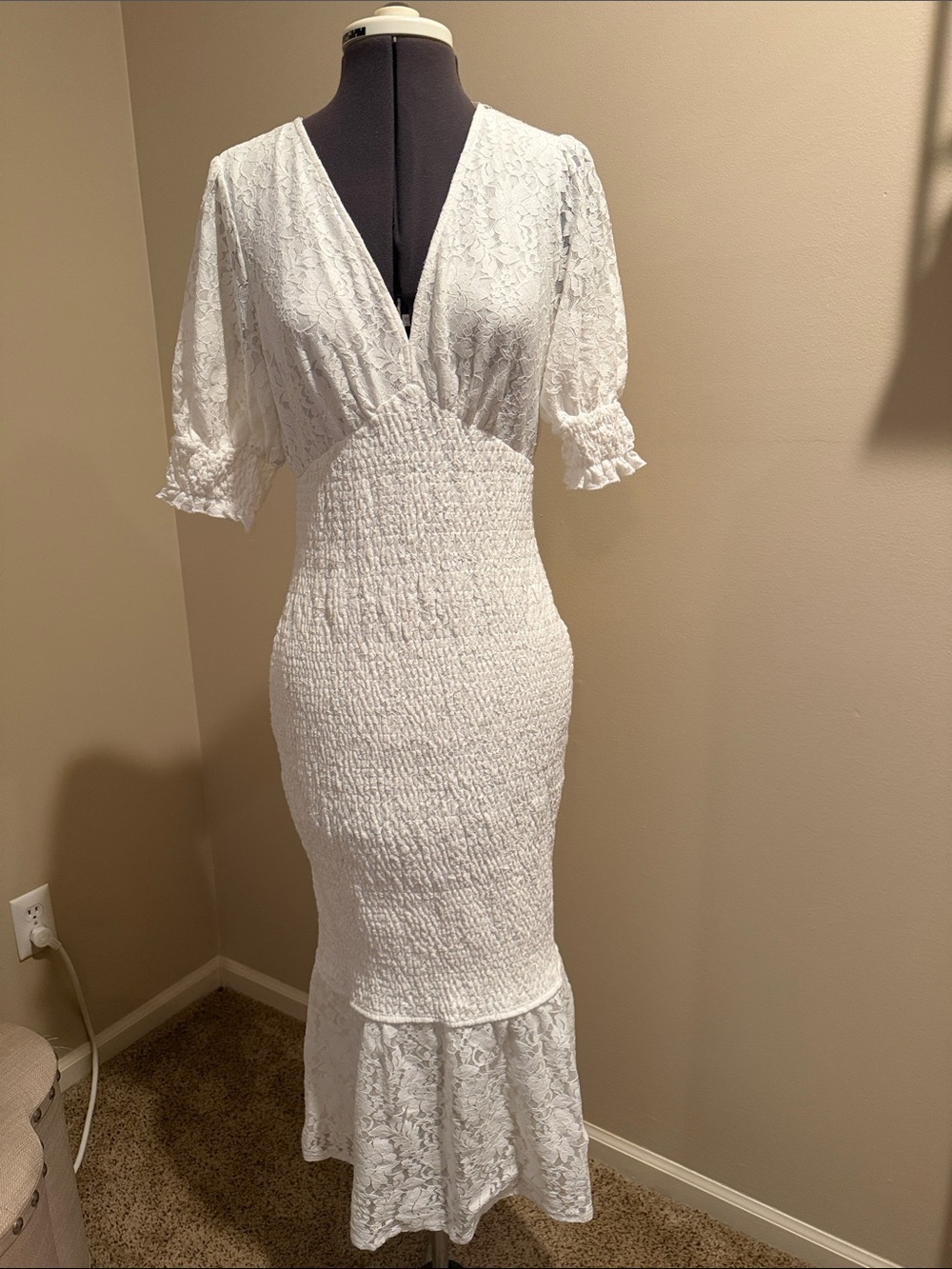Simplee Apparel White Lace Smocked Midi Dress with Ruffle Hem